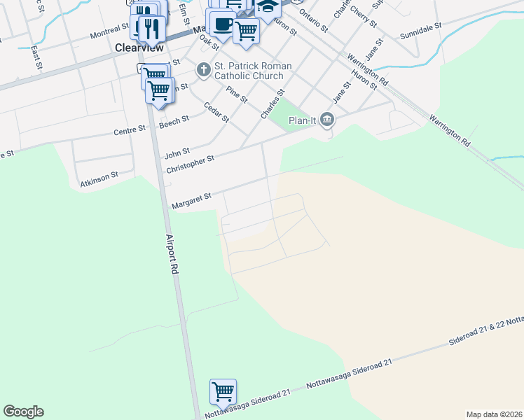 map of restaurants, bars, coffee shops, grocery stores, and more near 265 Wilcox Drive in Simcoe County