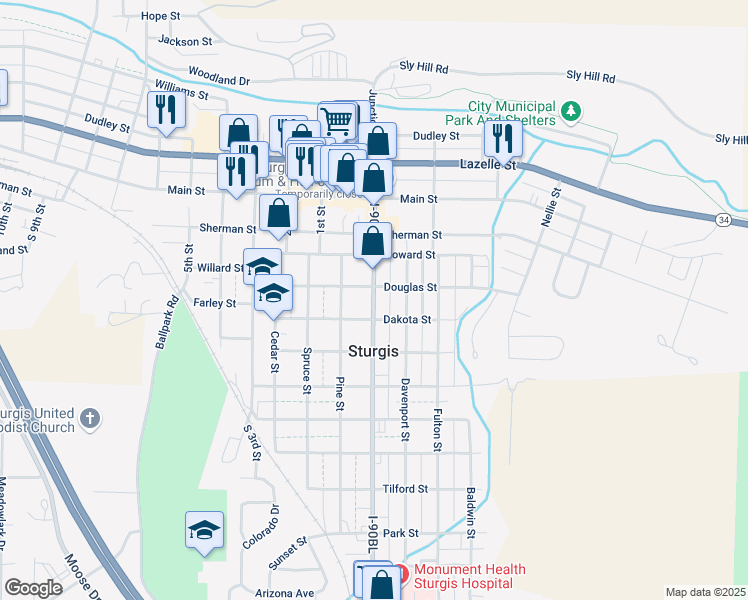 map of restaurants, bars, coffee shops, grocery stores, and more near 1340 Junction Avenue in Sturgis