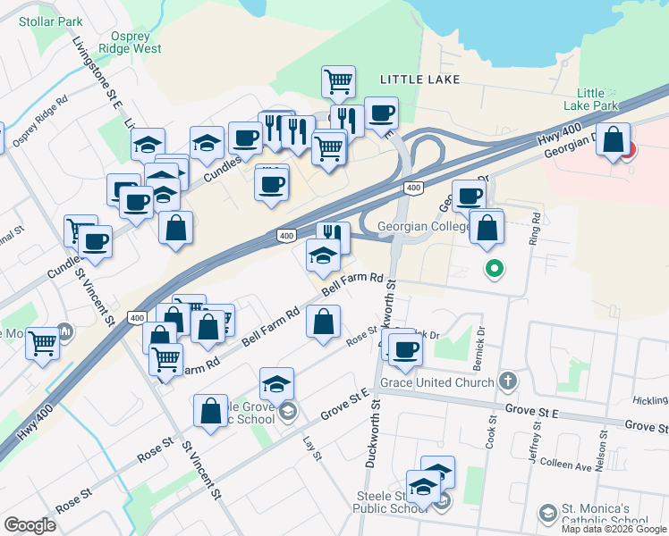 map of restaurants, bars, coffee shops, grocery stores, and more near 130 Bell Farm Road in Barrie
