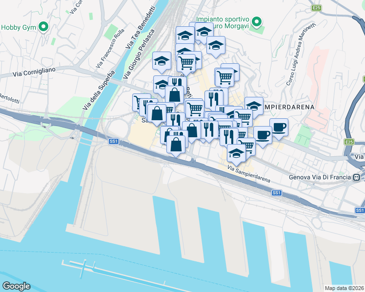map of restaurants, bars, coffee shops, grocery stores, and more near 2 Via Stefano Dondero in Genova