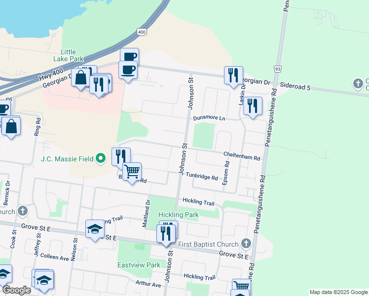 map of restaurants, bars, coffee shops, grocery stores, and more near 7 Harrogate Court in Barrie