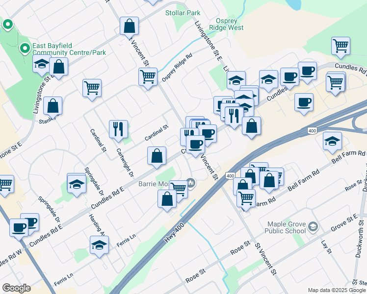 map of restaurants, bars, coffee shops, grocery stores, and more near 172 Cundles Road East in Barrie
