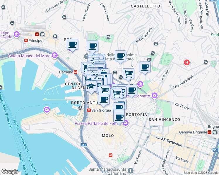 map of restaurants, bars, coffee shops, grocery stores, and more near 22 Via Garibaldi in Genova