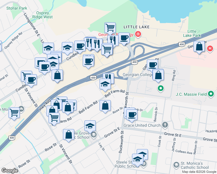 map of restaurants, bars, coffee shops, grocery stores, and more near in Barrie