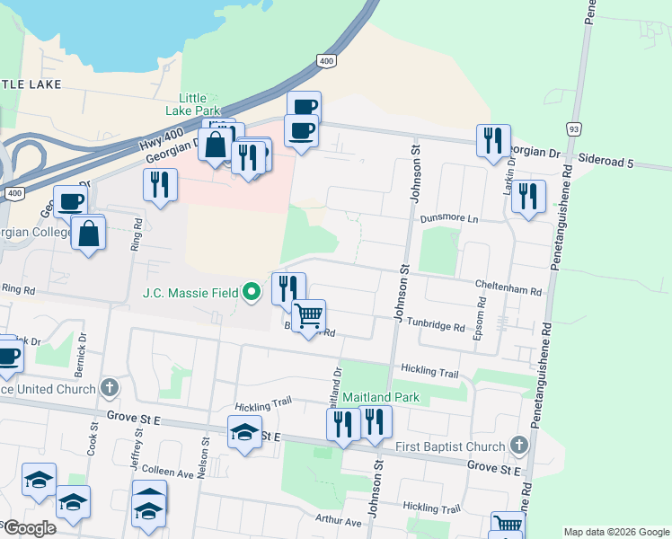 map of restaurants, bars, coffee shops, grocery stores, and more near 140 Cheltenham Road in Barrie