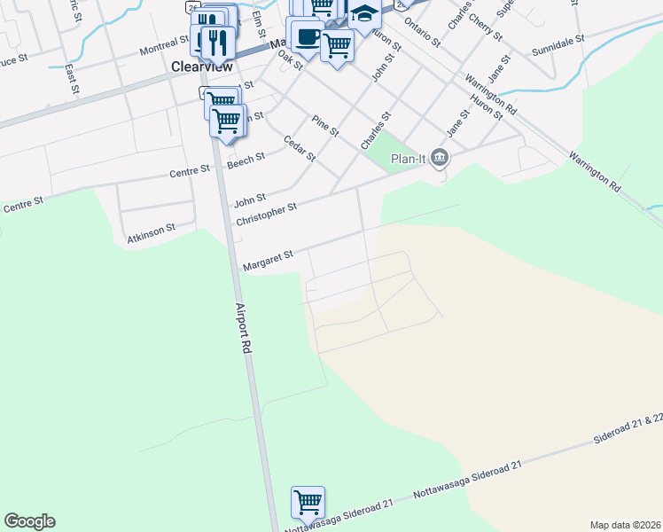 map of restaurants, bars, coffee shops, grocery stores, and more near 235 Margaret Street in Stayner