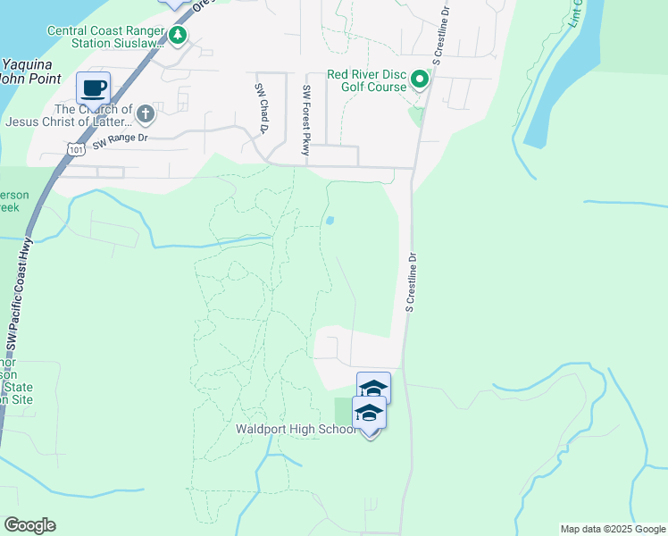 map of restaurants, bars, coffee shops, grocery stores, and more near 2130 Southwest Green Lane in Waldport