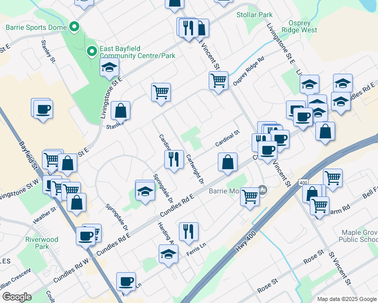 map of restaurants, bars, coffee shops, grocery stores, and more near 29 Cartwright Drive in Barrie