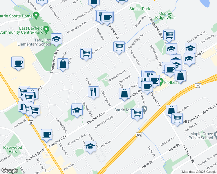 map of restaurants, bars, coffee shops, grocery stores, and more near 56 Cardinal Street in Barrie