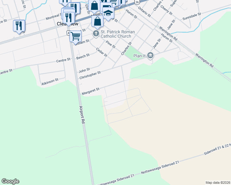 map of restaurants, bars, coffee shops, grocery stores, and more near 254 Wilcox Drive in Simcoe County