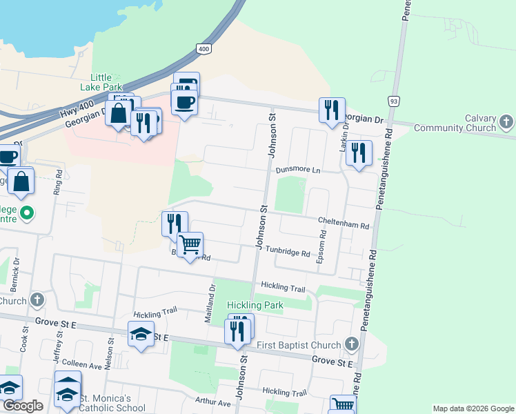 map of restaurants, bars, coffee shops, grocery stores, and more near 74 Cheltenham Road in Barrie