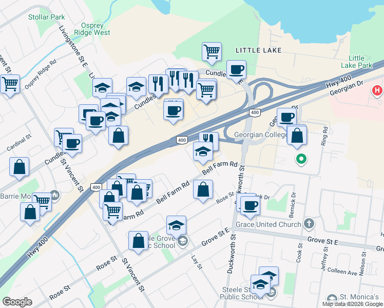 map of restaurants, bars, coffee shops, grocery stores, and more near in Barrie