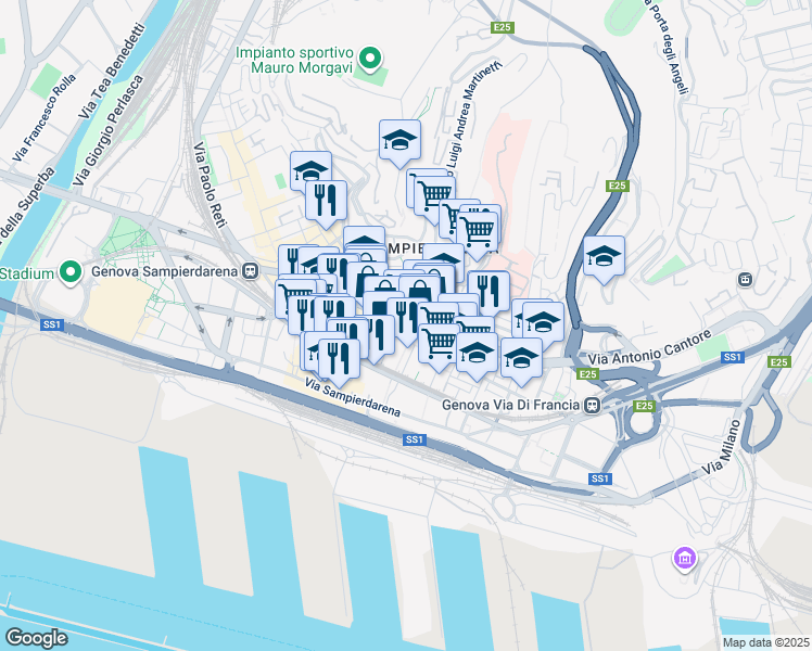 map of restaurants, bars, coffee shops, grocery stores, and more near 56 Via Nicolò Costa in Genova