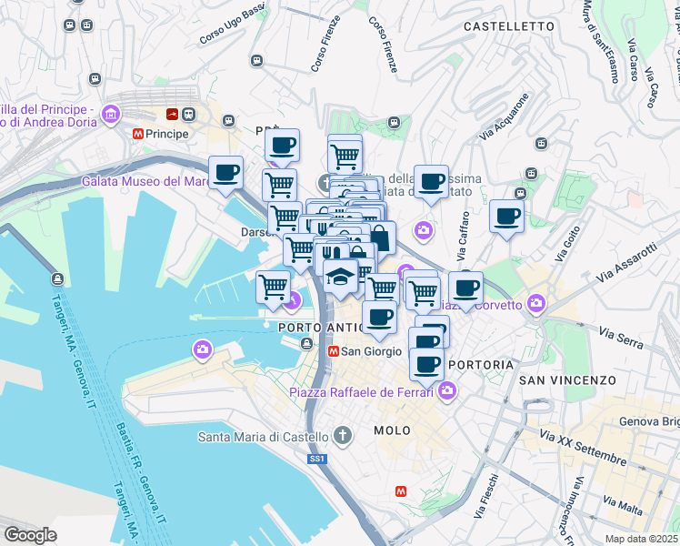 map of restaurants, bars, coffee shops, grocery stores, and more near 12 Via San Siro in Genova