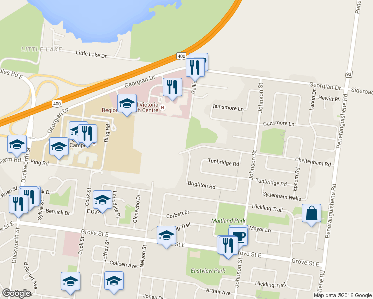 map of restaurants, bars, coffee shops, grocery stores, and more near 164 Cheltenham Road in Barrie