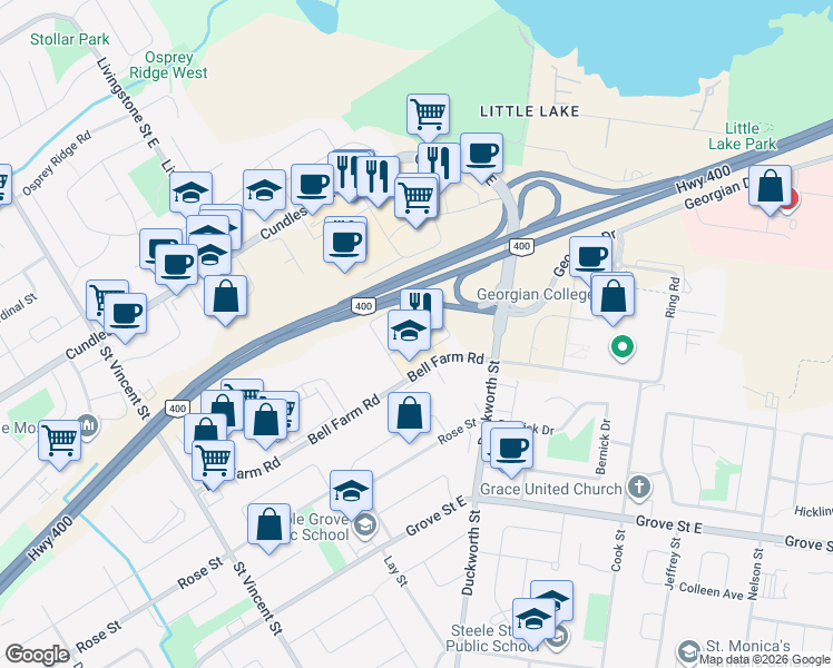 map of restaurants, bars, coffee shops, grocery stores, and more near 126 Bell Farm Road in Barrie