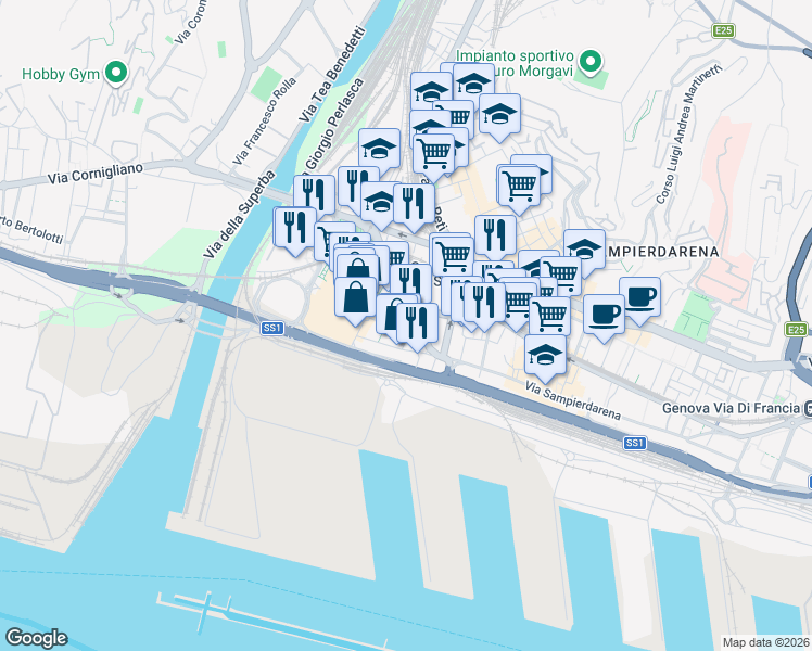 map of restaurants, bars, coffee shops, grocery stores, and more near 11 nero Via Bombrini in Genoa