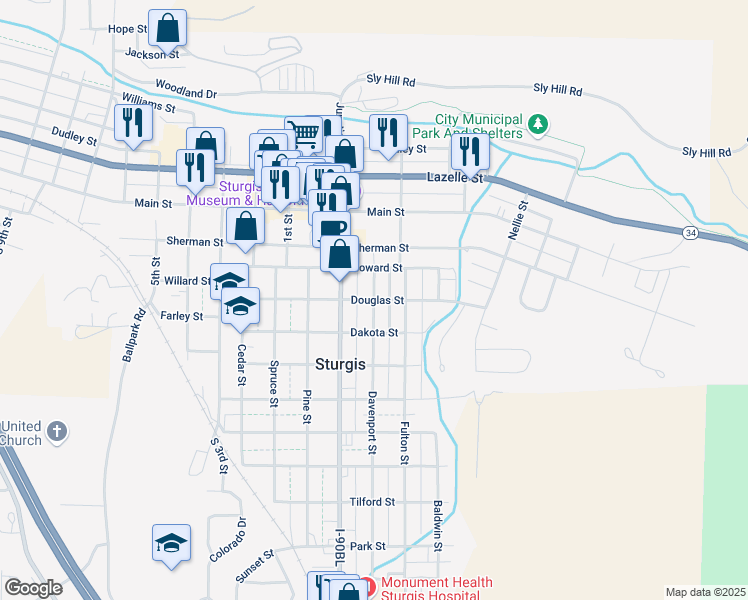 map of restaurants, bars, coffee shops, grocery stores, and more near 1298 Davenport St in Sturgis