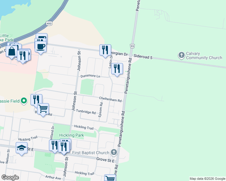 map of restaurants, bars, coffee shops, grocery stores, and more near 4 Quinlan Road in Barrie