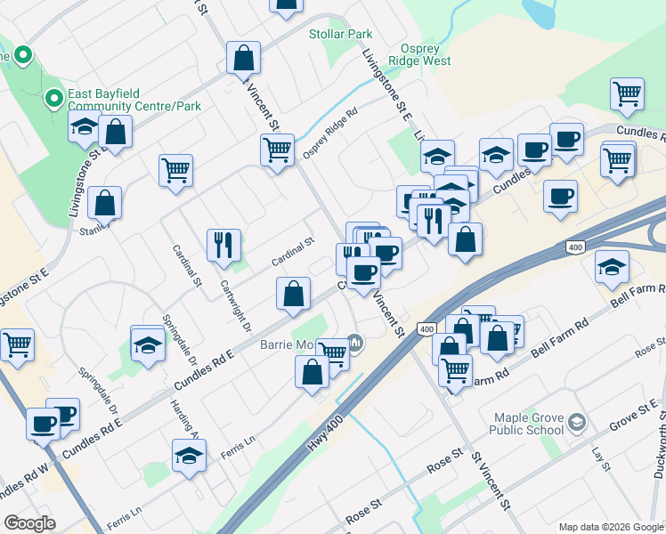 map of restaurants, bars, coffee shops, grocery stores, and more near 172 Cundles Road East in Barrie