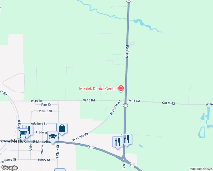 map of restaurants, bars, coffee shops, grocery stores, and more near 6142 West 16 Road in Mesick