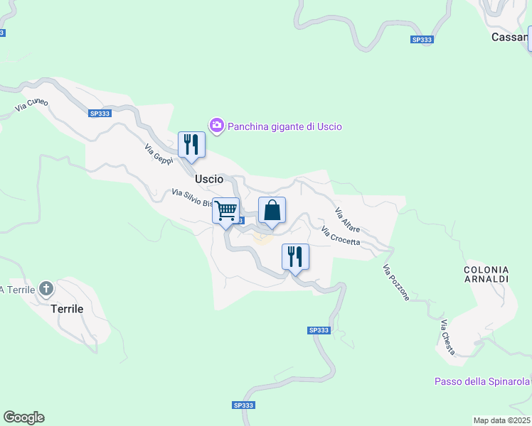 map of restaurants, bars, coffee shops, grocery stores, and more near Strada Statale 333 in Uscio