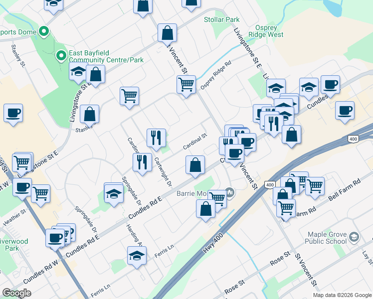 map of restaurants, bars, coffee shops, grocery stores, and more near in Barrie