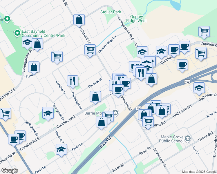 map of restaurants, bars, coffee shops, grocery stores, and more near Robin Court in Barrie