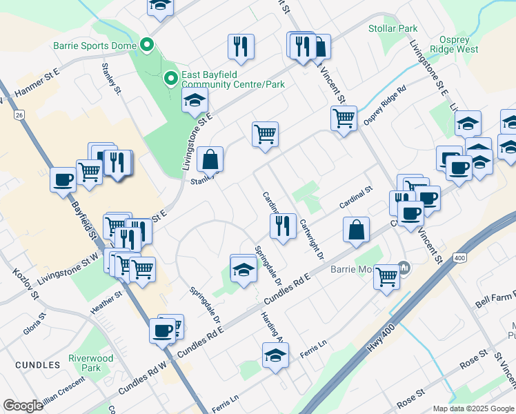map of restaurants, bars, coffee shops, grocery stores, and more near 31 Maplehurst Crescent in Barrie