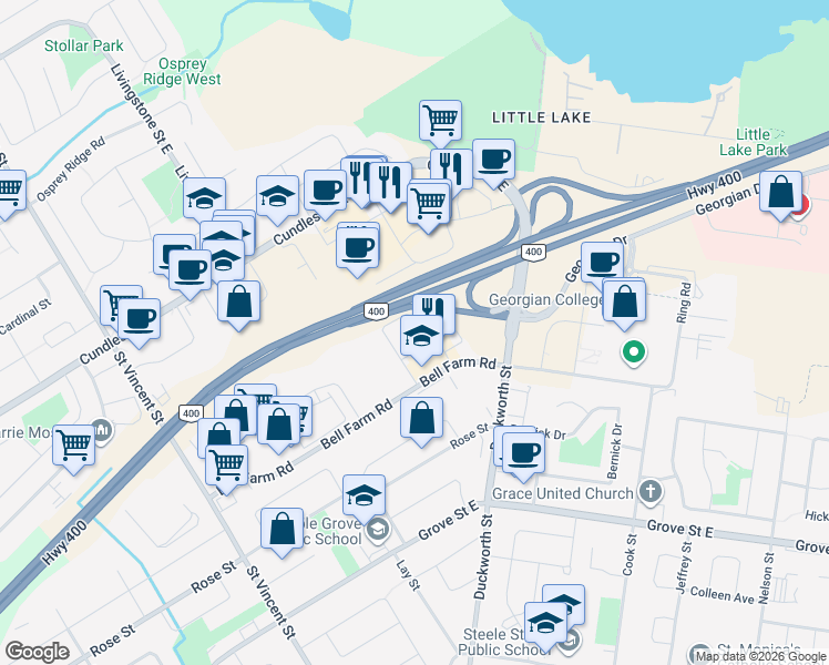 map of restaurants, bars, coffee shops, grocery stores, and more near in Barrie