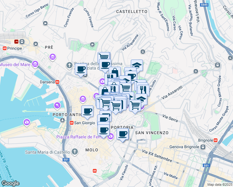 map of restaurants, bars, coffee shops, grocery stores, and more near 8830 Salita Inferiore di Sant'Anna in Genova