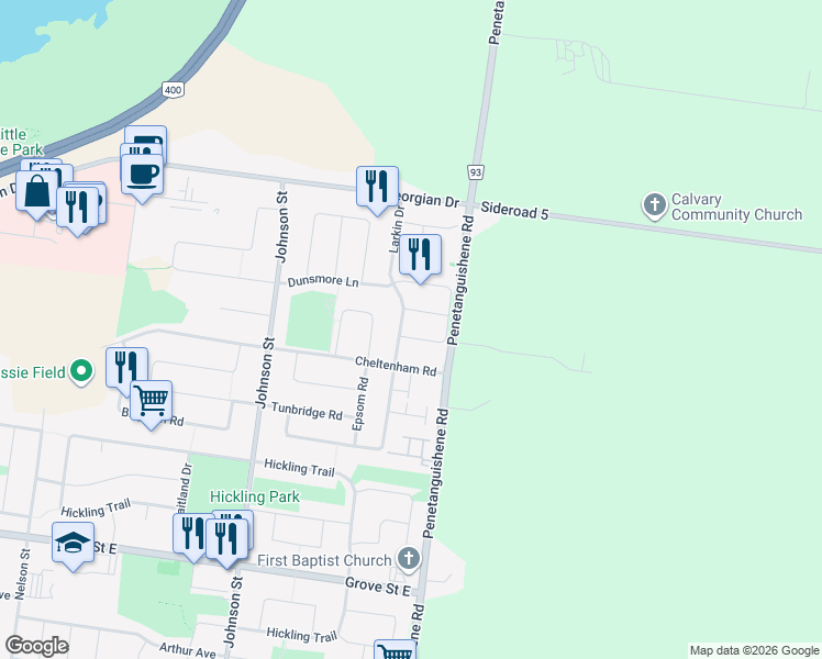 map of restaurants, bars, coffee shops, grocery stores, and more near 4 Quinlan Road in Barrie