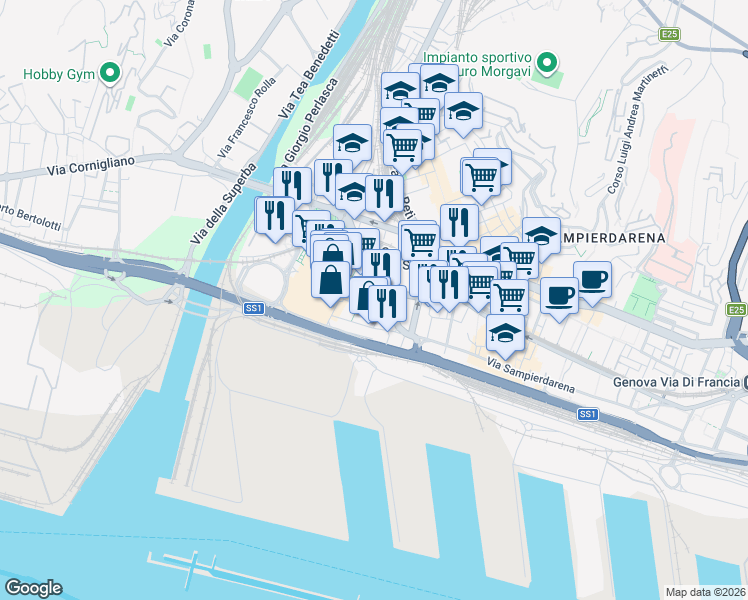 map of restaurants, bars, coffee shops, grocery stores, and more near 11 nero Via Bombrini in Genoa