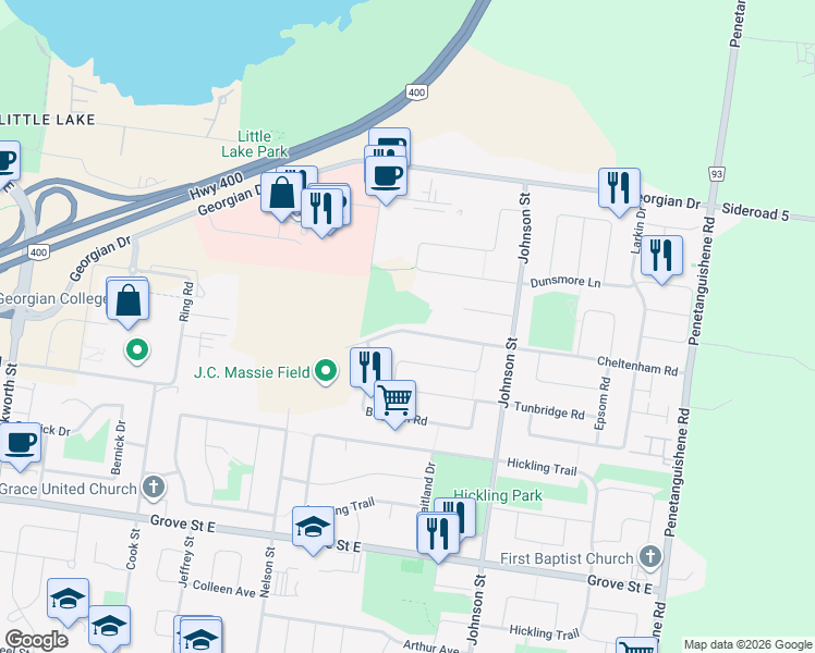 map of restaurants, bars, coffee shops, grocery stores, and more near 146 Cheltenham Road in Barrie