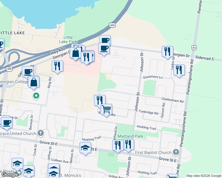 map of restaurants, bars, coffee shops, grocery stores, and more near 144 Cheltenham Road in Barrie