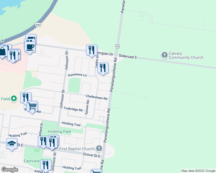 map of restaurants, bars, coffee shops, grocery stores, and more near 32 Quinlan Road in Barrie