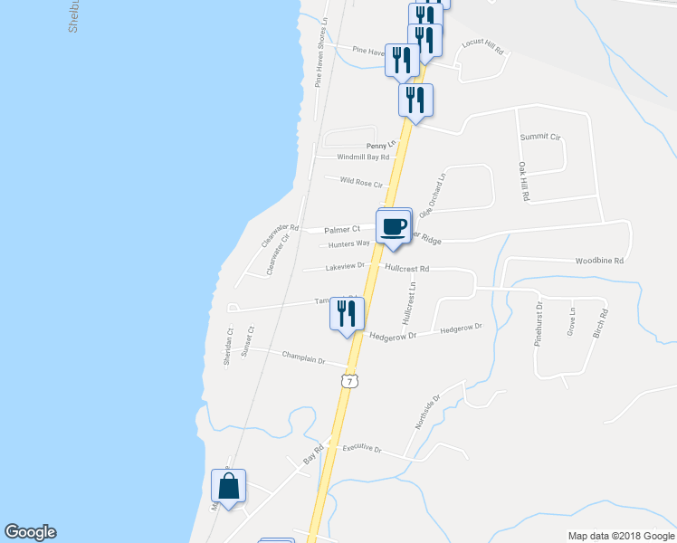 map of restaurants, bars, coffee shops, grocery stores, and more near 91 Lakeview Drive in Shelburne