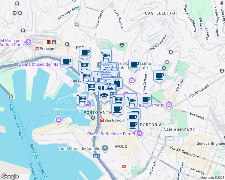 map of restaurants, bars, coffee shops, grocery stores, and more near 12 Via San Siro in Genova
