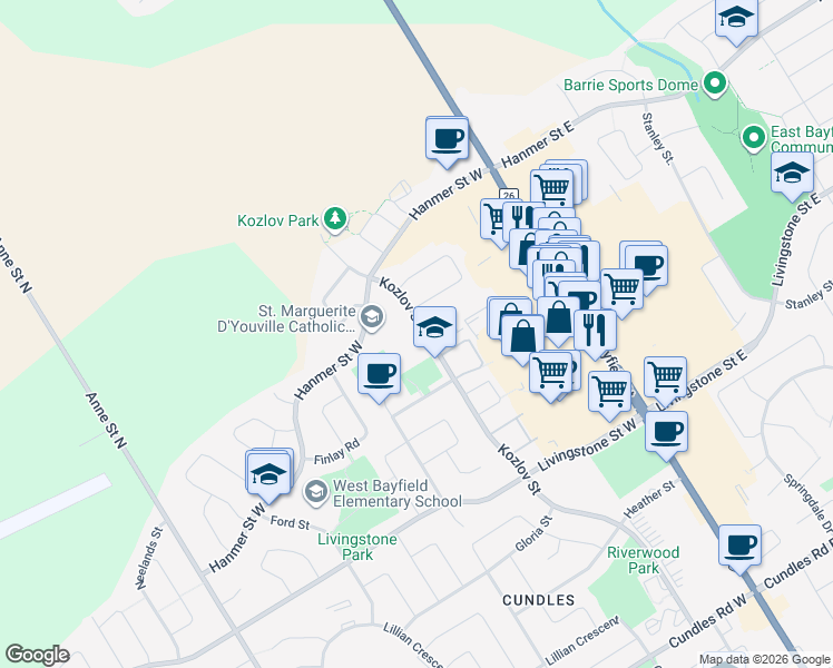map of restaurants, bars, coffee shops, grocery stores, and more near 232 Kozlov Street in Barrie