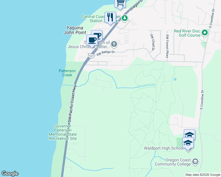 map of restaurants, bars, coffee shops, grocery stores, and more near 1176 Ocean Hills Dr in Waldport