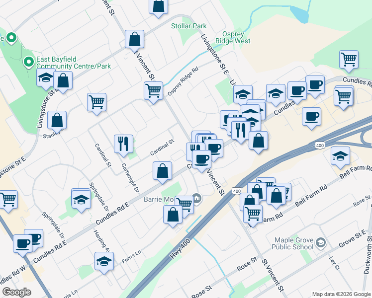 map of restaurants, bars, coffee shops, grocery stores, and more near 12 Robin Court in Barrie