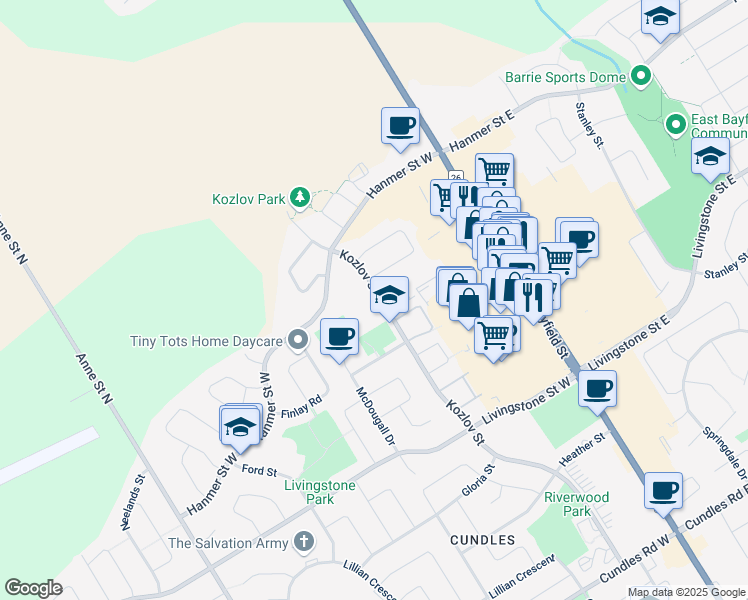 map of restaurants, bars, coffee shops, grocery stores, and more near 214 Kozlov Street in Barrie