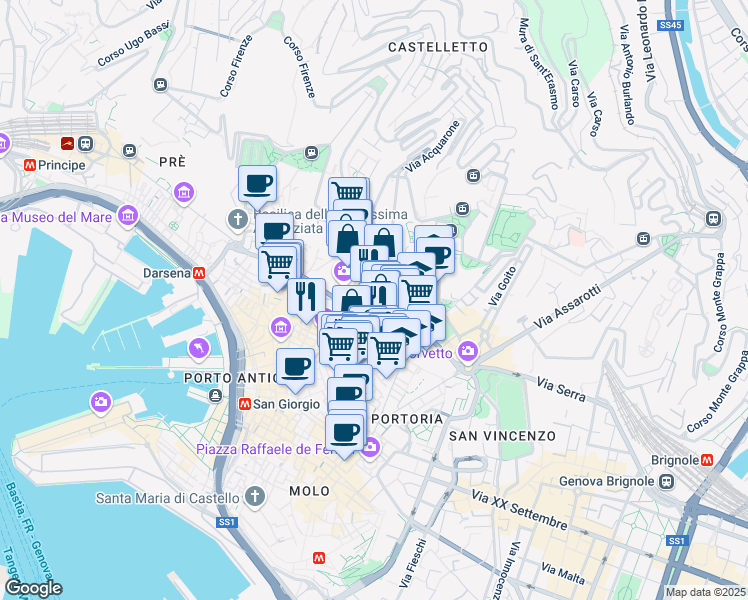 map of restaurants, bars, coffee shops, grocery stores, and more near 3 Via Garibaldi in Genova