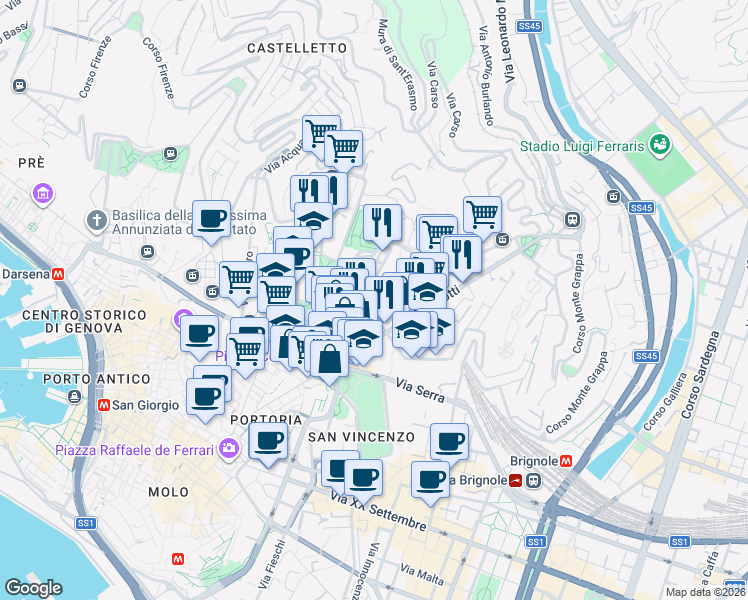 map of restaurants, bars, coffee shops, grocery stores, and more near Passo Palestro in Genoa
