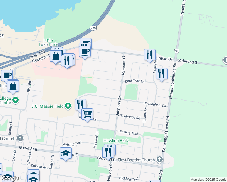 map of restaurants, bars, coffee shops, grocery stores, and more near 13 Harrogate Court in Barrie