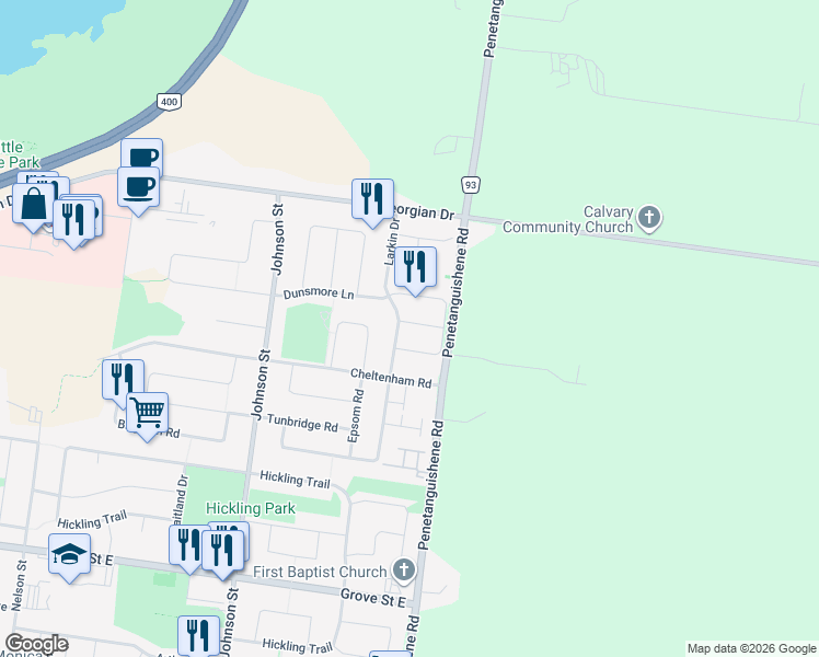 map of restaurants, bars, coffee shops, grocery stores, and more near 4 Quinlan Road in Barrie
