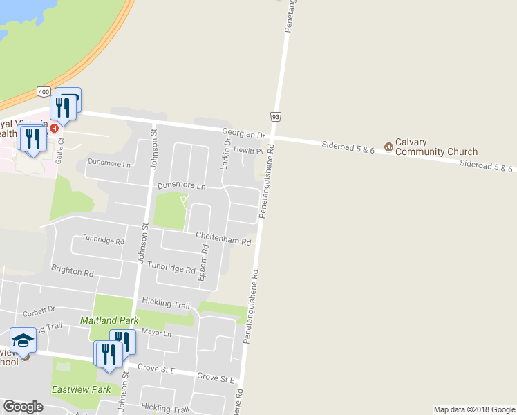 map of restaurants, bars, coffee shops, grocery stores, and more near Quinlan Road in Barrie