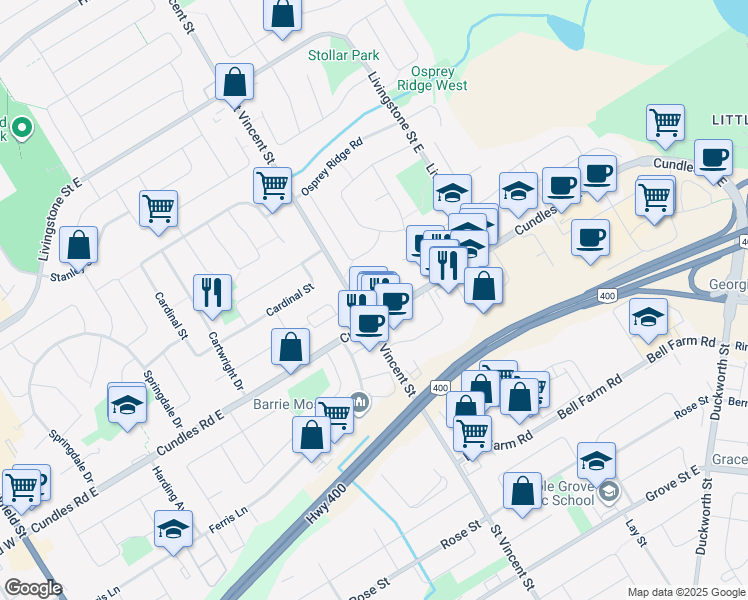 map of restaurants, bars, coffee shops, grocery stores, and more near 201 Cundles Road East in Barrie