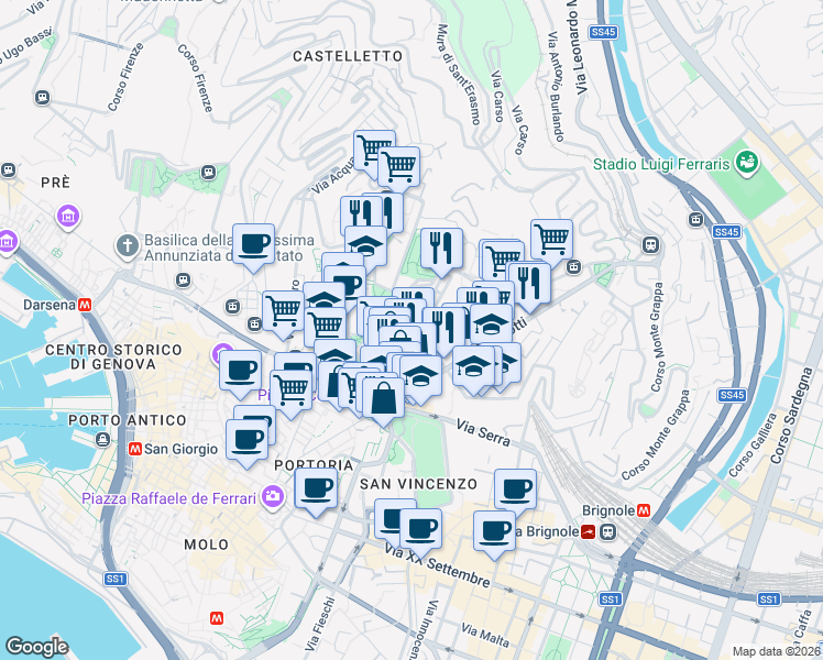 map of restaurants, bars, coffee shops, grocery stores, and more near Passo Palestro in Genoa