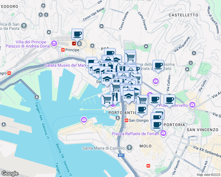 map of restaurants, bars, coffee shops, grocery stores, and more near Calata Salumi in Genova